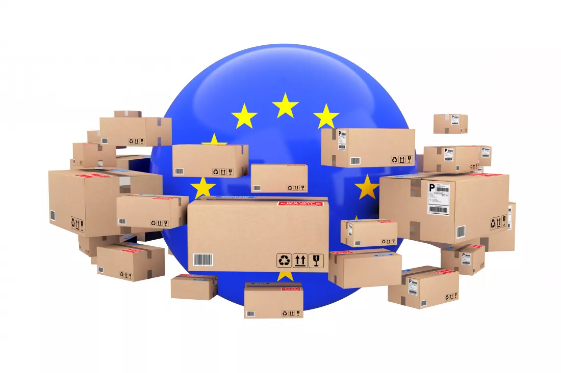 global-shipping-logistic-concept-sphere-with-european-union-flag-surrounded-by-cardboard-boxes-with-parcel-goods-white-background-3d-rendering